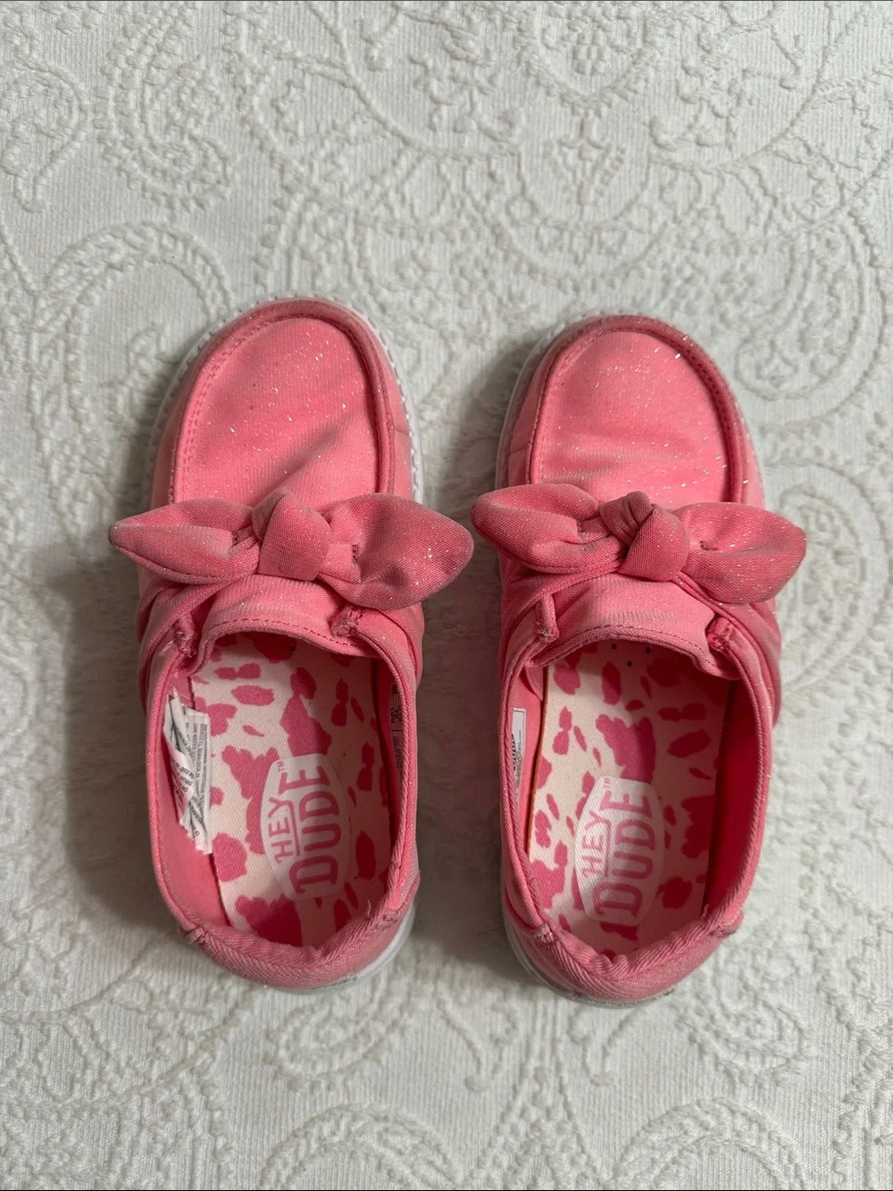 Hey Dude Girls Size 13C Stardust Pink Bow Slip-On Moccasins